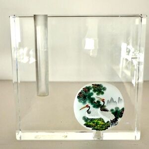Dynasty Lane Vase Signed Reverse Painted Double Sided Glass Cranes Crystal Bud